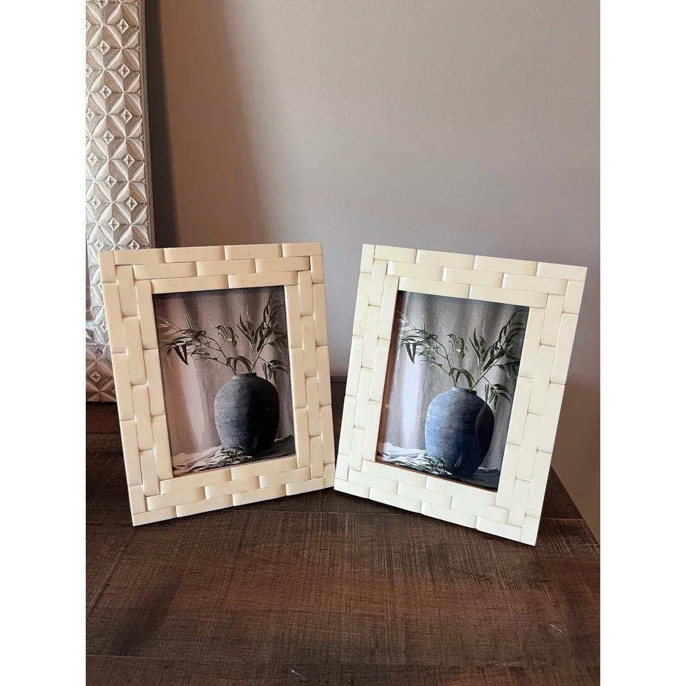 Set of 2 Bone and Resin 5x7 Picture Frames Cream Basketweave Handmade India